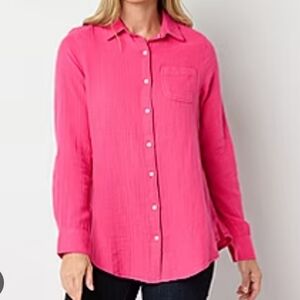 Liz Claiborne pink linen button down shirt Sz L